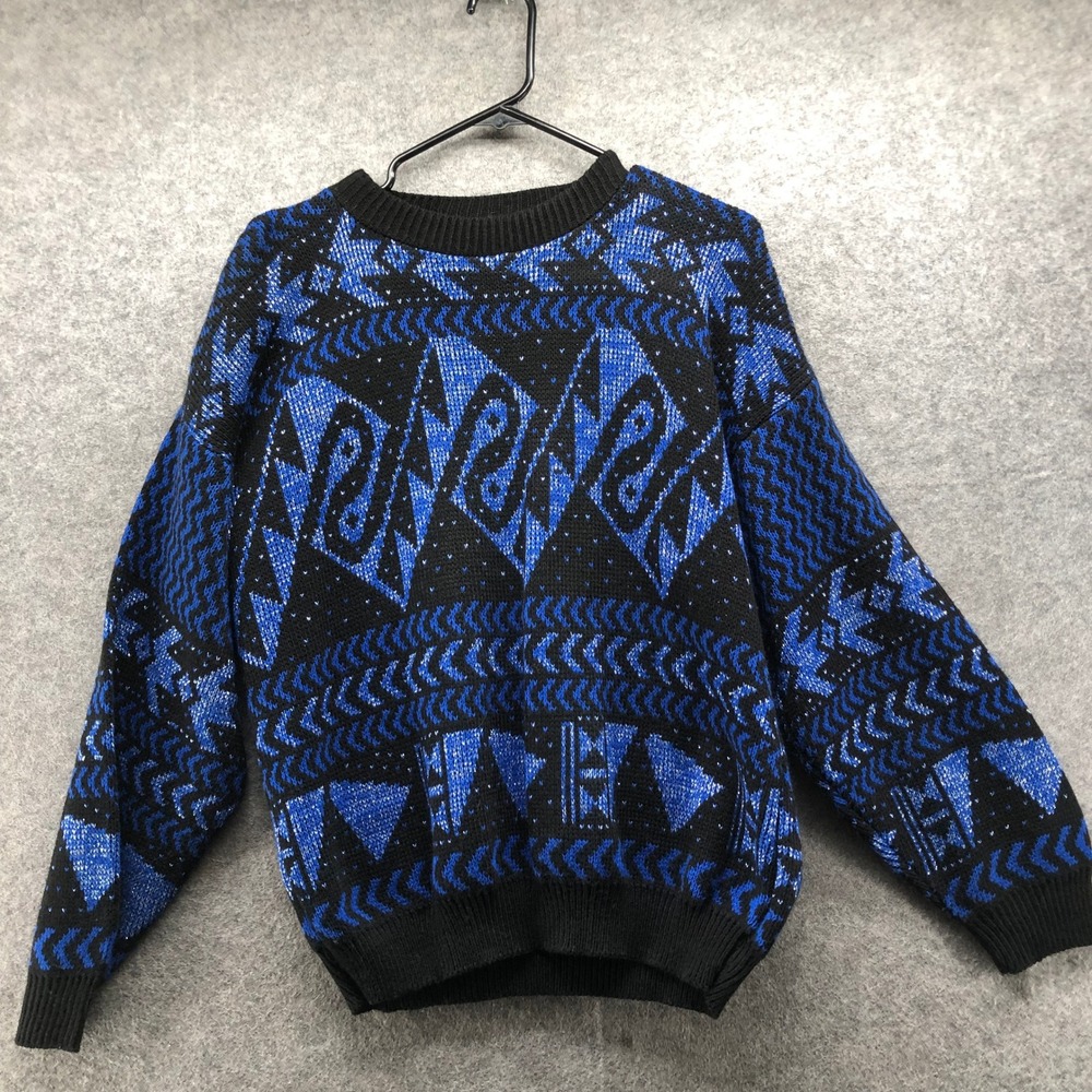 Vintage 80s Metallic Blue Black Abstract Geometric Sweater Womens L XL Oversized - Picture 11 of 12
